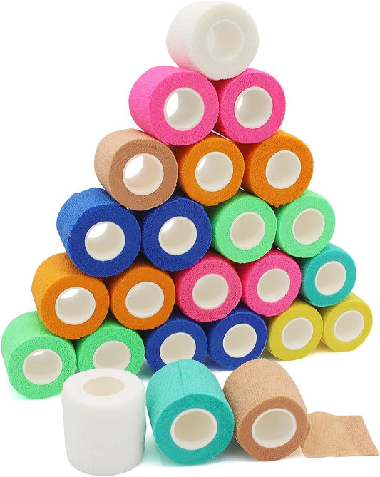 California Basics, Self Adhesive Bandage Wrap, 2 Inch by 5 Yards Non Woven Cohesive Bandage Rolls, 24 Pack, Vet/Stretch Wrap, Multi Colored Neon Medical Athletic Tape for Wrist, Waterproof