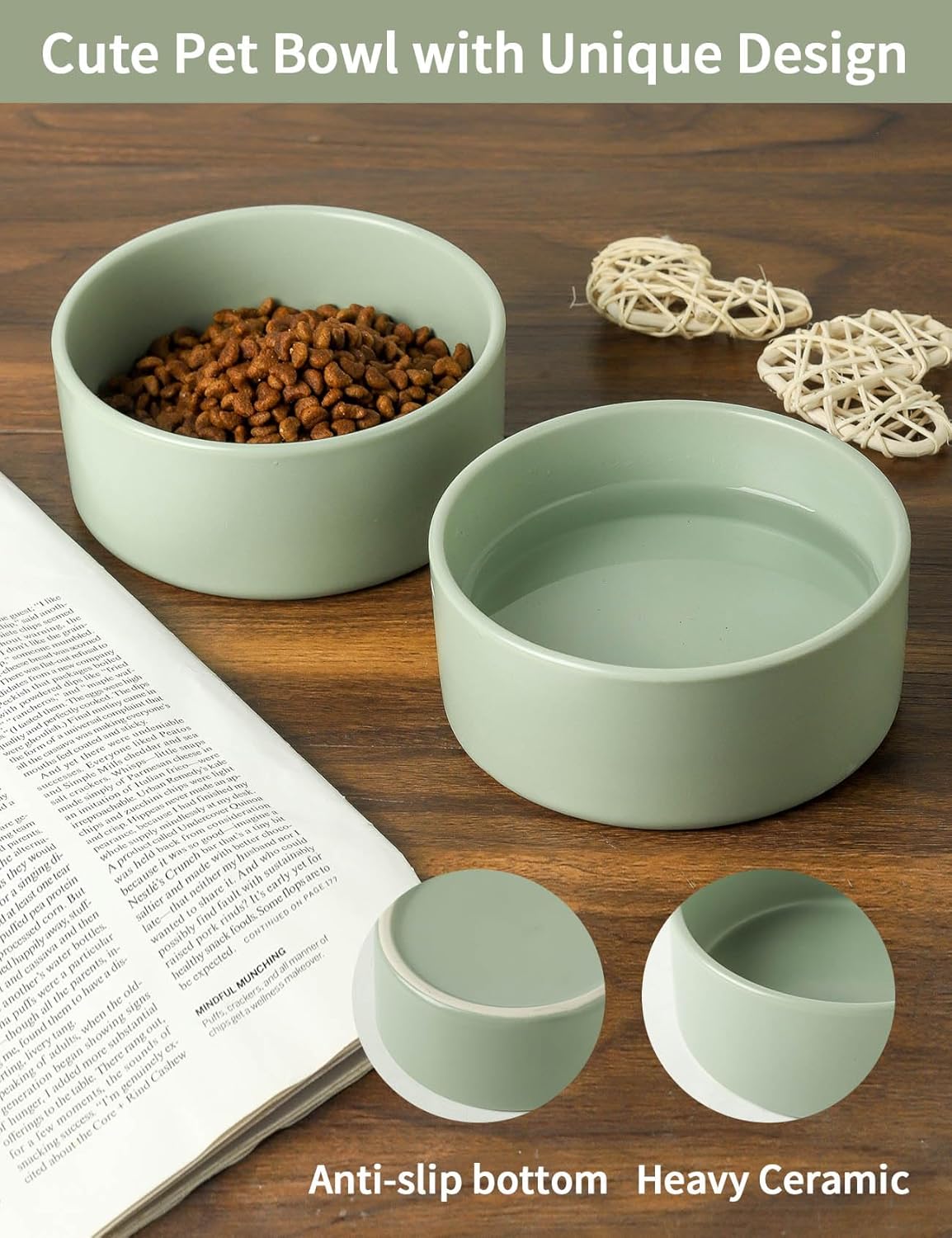 UBEE Ceramic Dog Bowl Set of 2, 5.1 inch Dog Dish Cat Food Bowl for Small Dogs and Large Cat, Pet Food Water Dish Feeding, Sage Green