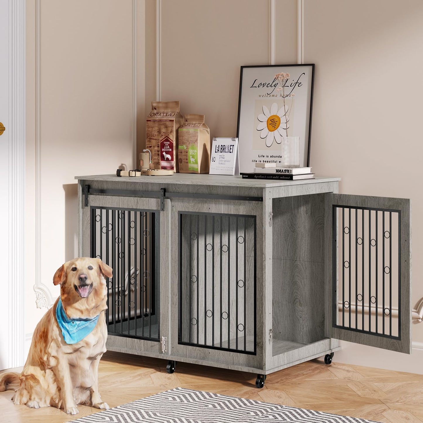 IchbinGo Large Dog Crate Furniture, 47" Wooden Dog Kennel with Sliding Barn Door, Flip-Top Lid & Wheels, Indoor Pet Crate Table with Detachable Divider for Small/Medium/Large Dogs (Rustic Grey)