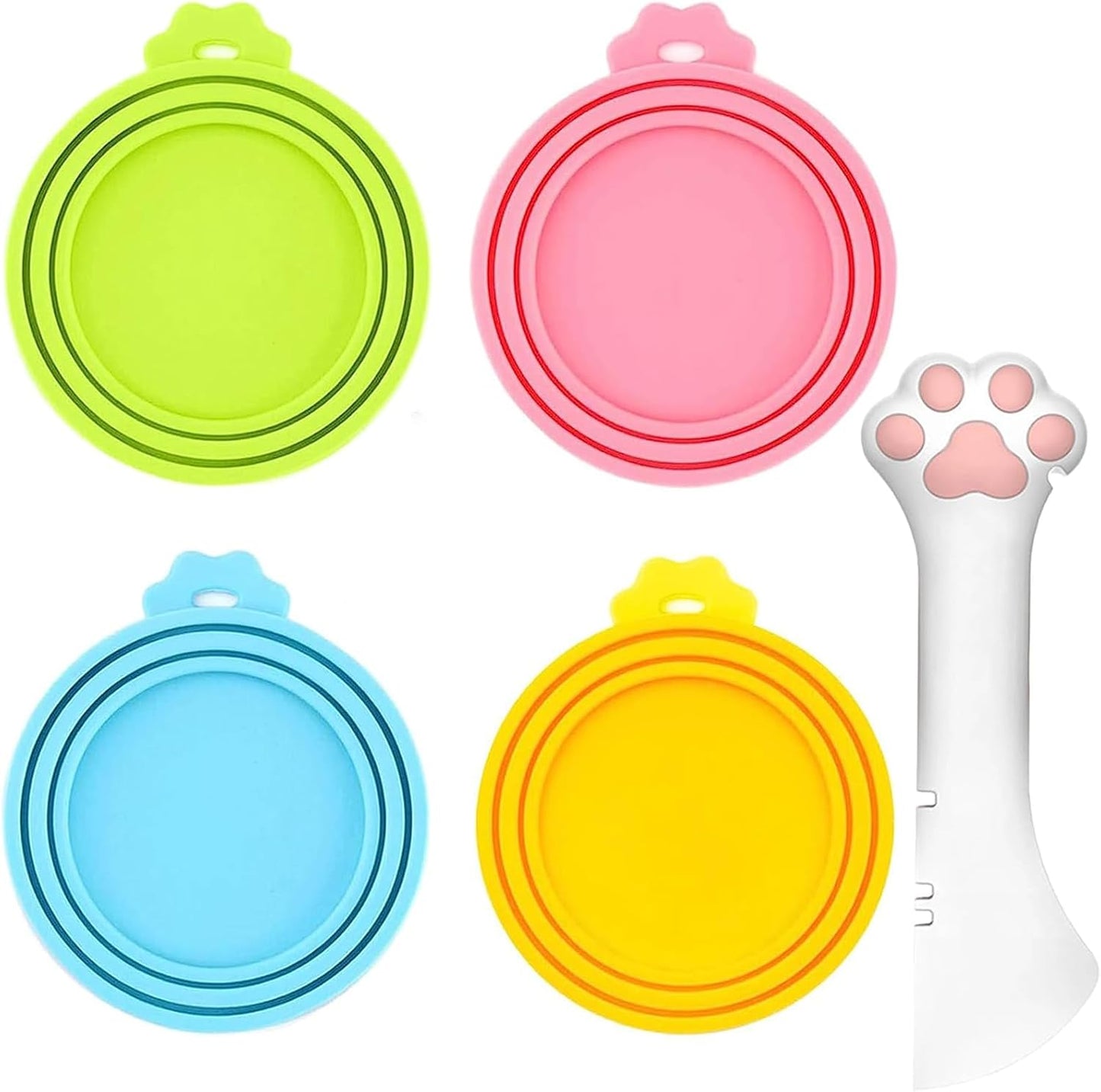 Food Can Spoon & Lids, One Multi-Functional Opener Spatula, 4 PCS BPA Free Silicone Universal Can Covers, Cute Paw Shape Spoon for Cat Dog Wet Food (Pink)