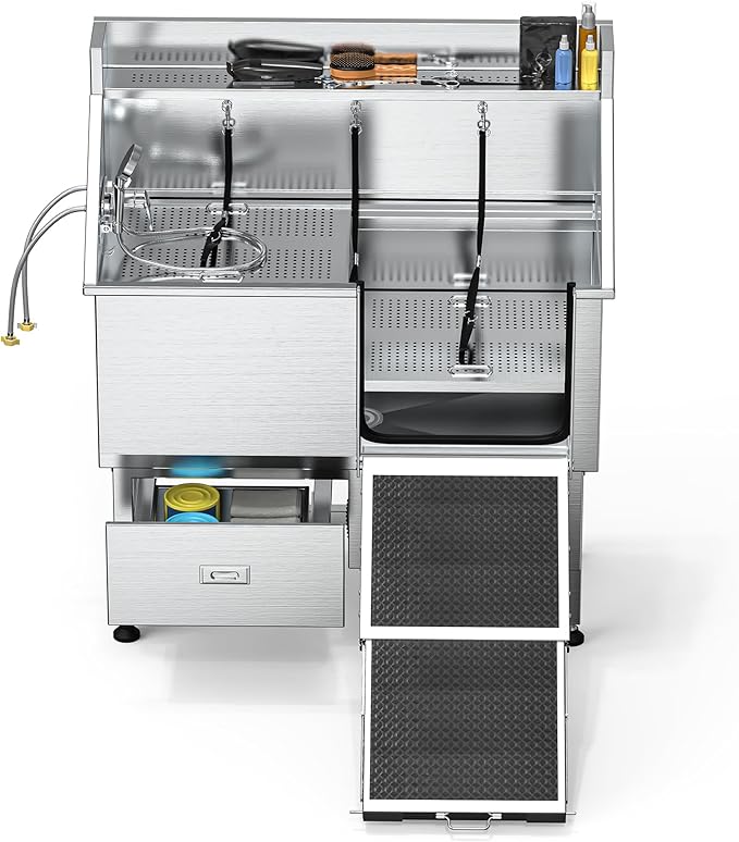 DWVO Professional Dog Bathing Station Stainless Steel 304 Dog Bathtub 50in for Grooming w/Left Door Ramp, 2 Storage Drawers, Faucet, Grate, Pet Washing Station for Large, Medium, Small Pets