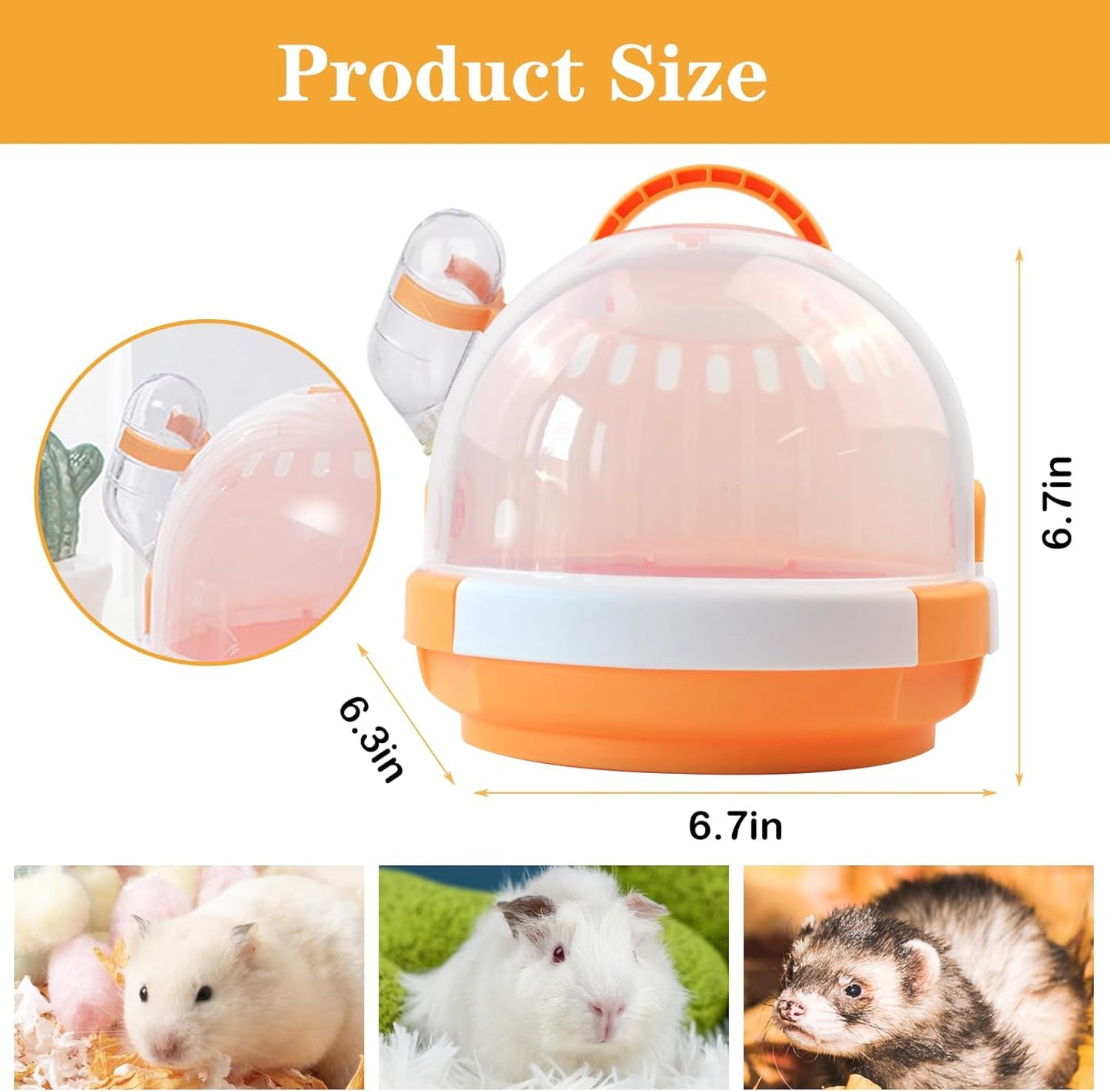 Hamster Carrier Cage with Water Bottle,Portable Dwarf Hamster Travel Carrier Plastic Guinea Pig Carrier Small Animal Breathable Outdoor Cage for Hamsters Chinchillas Hedgehog (Orange)