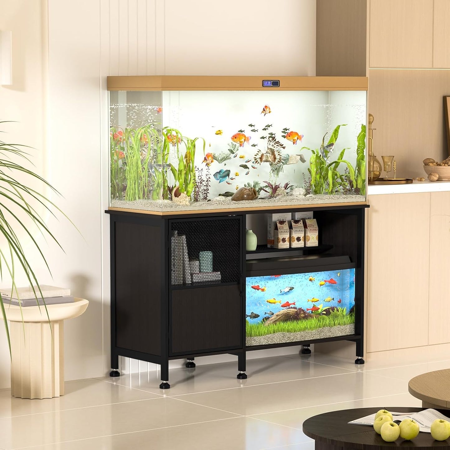 Fish Tank Stand, Modern Aquarium Stand with Built-in Cabinet and Shelves - Sleek Black Iron and Wood Grain Design for Stylish Home Décor（ 51.97" x W 19.69" x H 31.5"） Black