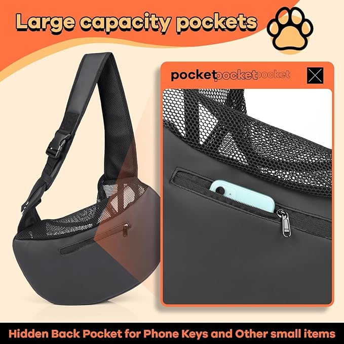 YUDODO Pet Sling Carrier for Small Dogs & Cats – Hands-Free Puppy Carrier with Safety Hook, Large Zipper Pocket, Soft Breathable Mesh, Adjustable Strap & Reflective Strip (Gray 3.0 M)