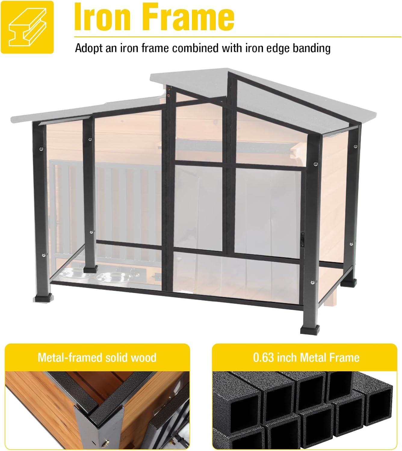 Chew-Resistant Dog House with Metal Frame, Wooden Kennel for Indoor & Outdoor Use, Waterproof Roof & Feeding Bowls Included (Wood, L)