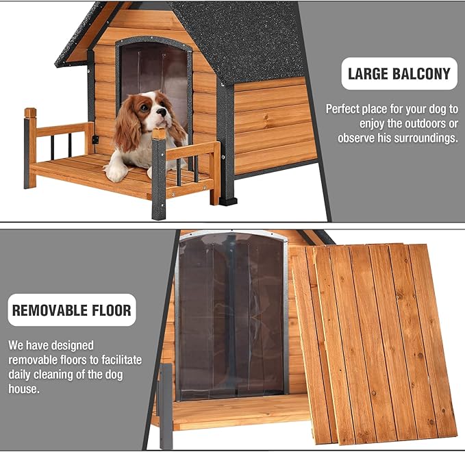 Dog House Outdoor with Anti-Chewing Iron Frame, Weatherproof Dog Kennel with Porch and Raised Feet for Small Medium Large Dogs Indoor (Brown, 45" x 32.9" x 32.6")