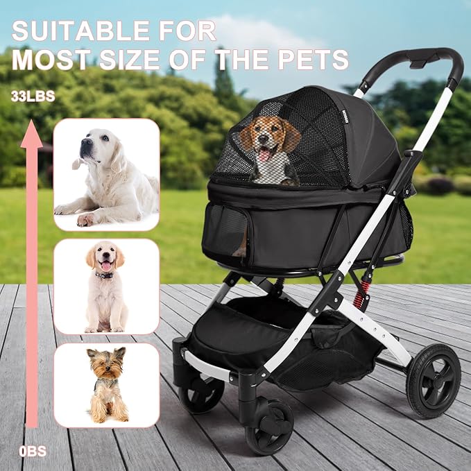 Pet Stroller for Medium Small Dog & Cat, Foldable Lightweight Dog Stroller with Storage Basket Pet Travel Carriage with Safety Leashes, 4 Wheel, Black