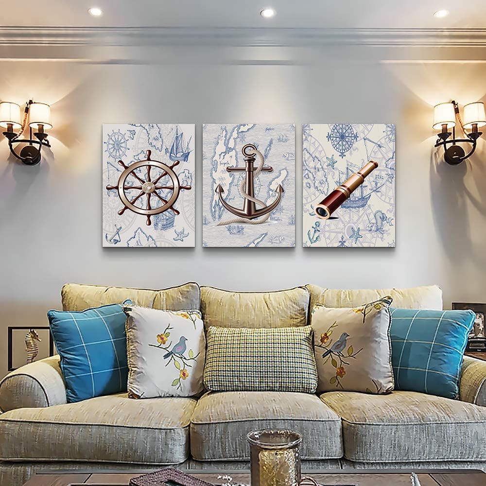 ocean theme steering wheel telescope ship pendant Canvas Prints bathroom Wall Art for Bedroom Wall decor Artworks Pictures wall decorations for living room,3 piece Home decor kitchen wall paintings