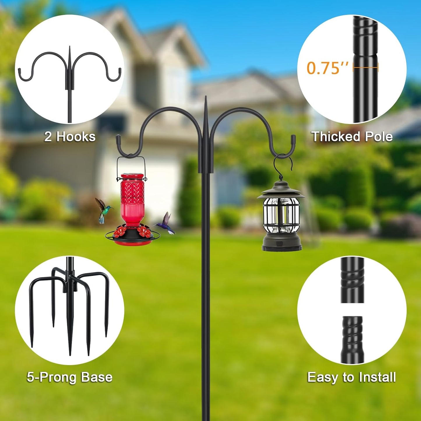 FEED GARDEN Adjustable Double Shepherds Hook for Outdoor with 5 Prong Base 108 Inch Heavy Duty Two Sided Bird Feeder Pole for Hanging Plant Baskets, Solar Light Lanterns, Wind Chimes