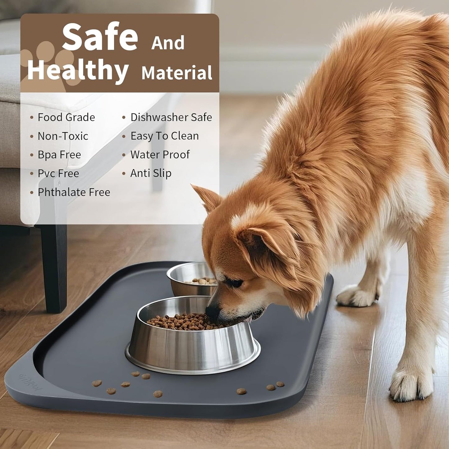 Silicone Pet Feeding Mat with Raised Edge & Residue Collection Pocket for Food and Water, Dog Bowl Mats, Cat Bowls Placemat with High Lip for Floor Waterproof, 19 x 12 x 0.7 Gray