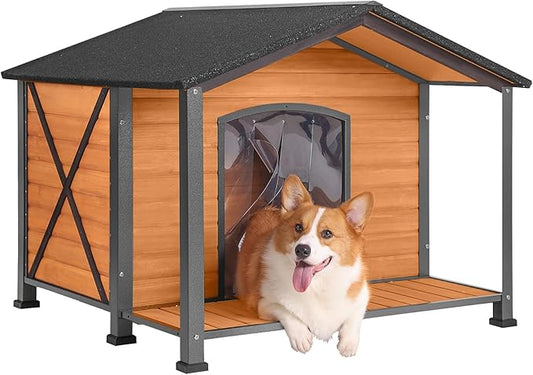 Aivituvin Dog House with Anti-Chewing Metal Frame Outdoor Large Wooden Dog Kennel Outside with Overhang Roof Large Porch Weatherproof