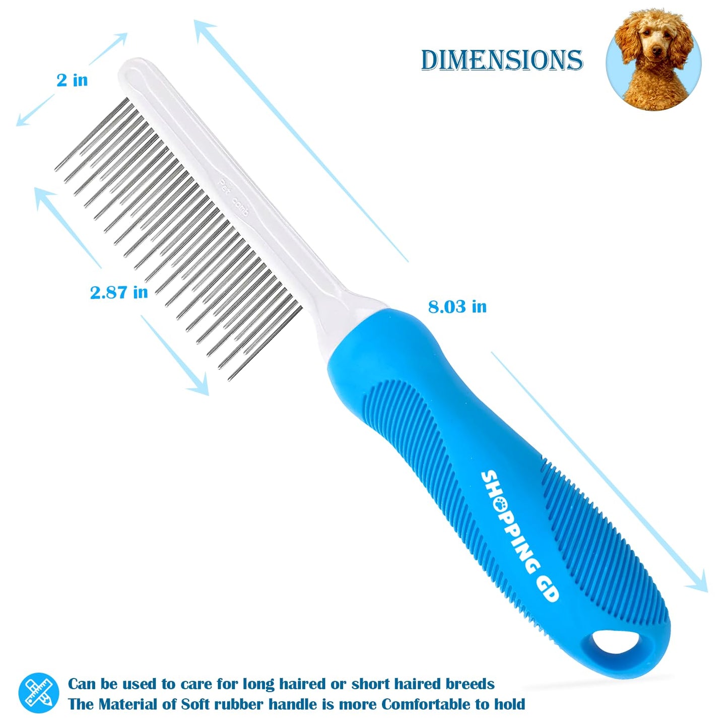 Detangling Pet Grooming Comb for Dogs & Cats with Long & Short Stainless Steel Metal Teeth for Removing Tangles and Knots - Dematting Brush to Detangle Matted Hair