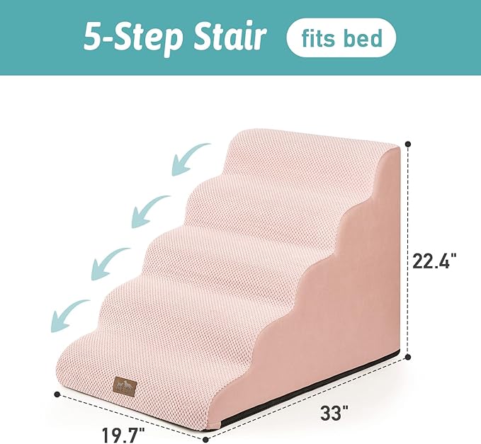 Wide Dog Stairs 19.7" Width, Pet Step for Small/Medium/Large Dog, Puppy or Cat, Pet Ramp for High Bed or Car, High Density Foam Ladder, 19.7x33x22.4 in, Stable, 5 Step, Pink