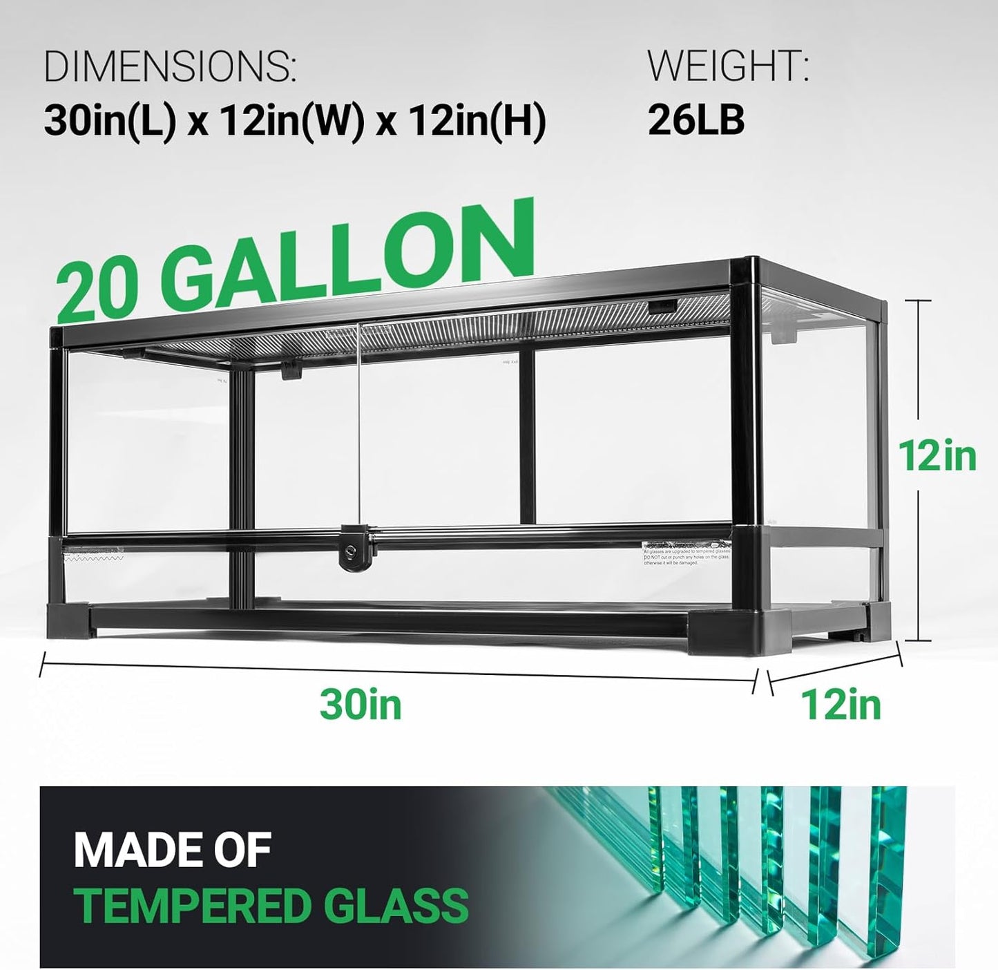 Tempered Glass Reptile Tank, 30x12x12 Inch Front Opening Terrarium with Top Screen Ventilation & Water-Holding Bottom, 20 Gallon Reptile Enclosure for Snake, Leopard Gecko, Bearded Dragon