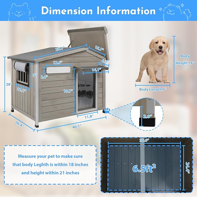 Outdoor Dog House Weatherproof Large Wooden Dog Kennel Indoor for Small Dogs with Chew-Proof Frame, Oxford Fabric Window, Removable Floor Pet Shelter (Grey, 40.1" D x 26.4" W x 28" H)