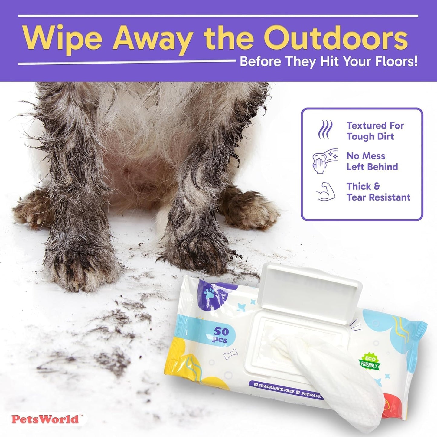 PETSWORLD Pet Wipes for Dogs & Cats, Unscented, Hypoallergenic, Chemical-Free, Biodegradable (98%), Thick & Durable, Textured Grooming Wipes (Unscented, 50 Count)