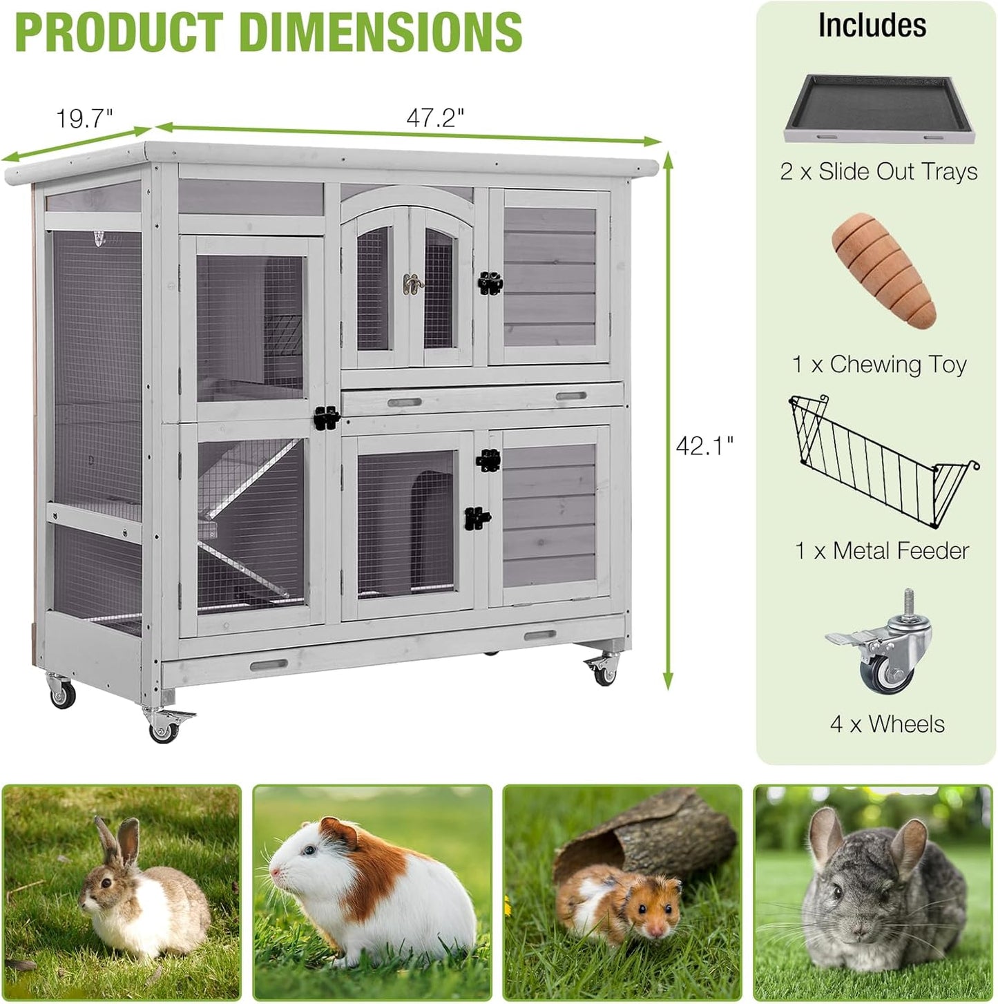 GUTINNEEN Large Rabbit Hutch Indoor with Chew-Proof Ramp, 47" Wooden Bunny Cage Guinea Pig Cages with Casters, Leak-Resistant Trays for Rabbits, Guinea Pigs, Small Animals
