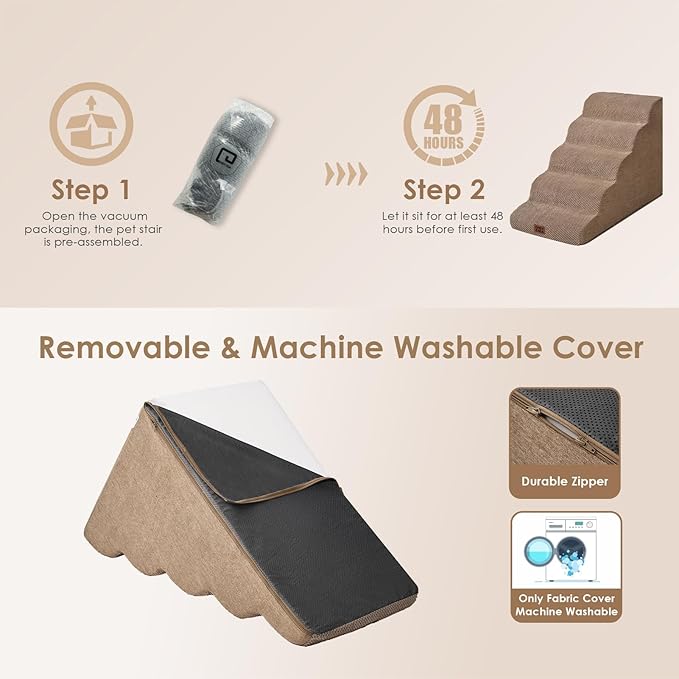 EHEYCIGA Curved Dog Stairs Ramp for High Beds, 5-Step Extra Wide Dog Steps for Small Dogs and Cats, Pet Stairs for High Bed Climbing, Non-Slip Balanced Pet Step Indoor, Camel