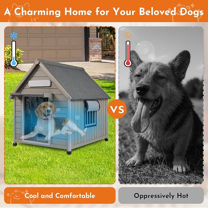 Outdoor Dog House Weatherproof Large Wooden Dog Kennel Indoor for Small Dogs with Chew-Proof Frame, Oxford Fabric Window, Removable Floor Pet Shelter (Grey, 30.5" D x 37.4" W x 39.3" H)