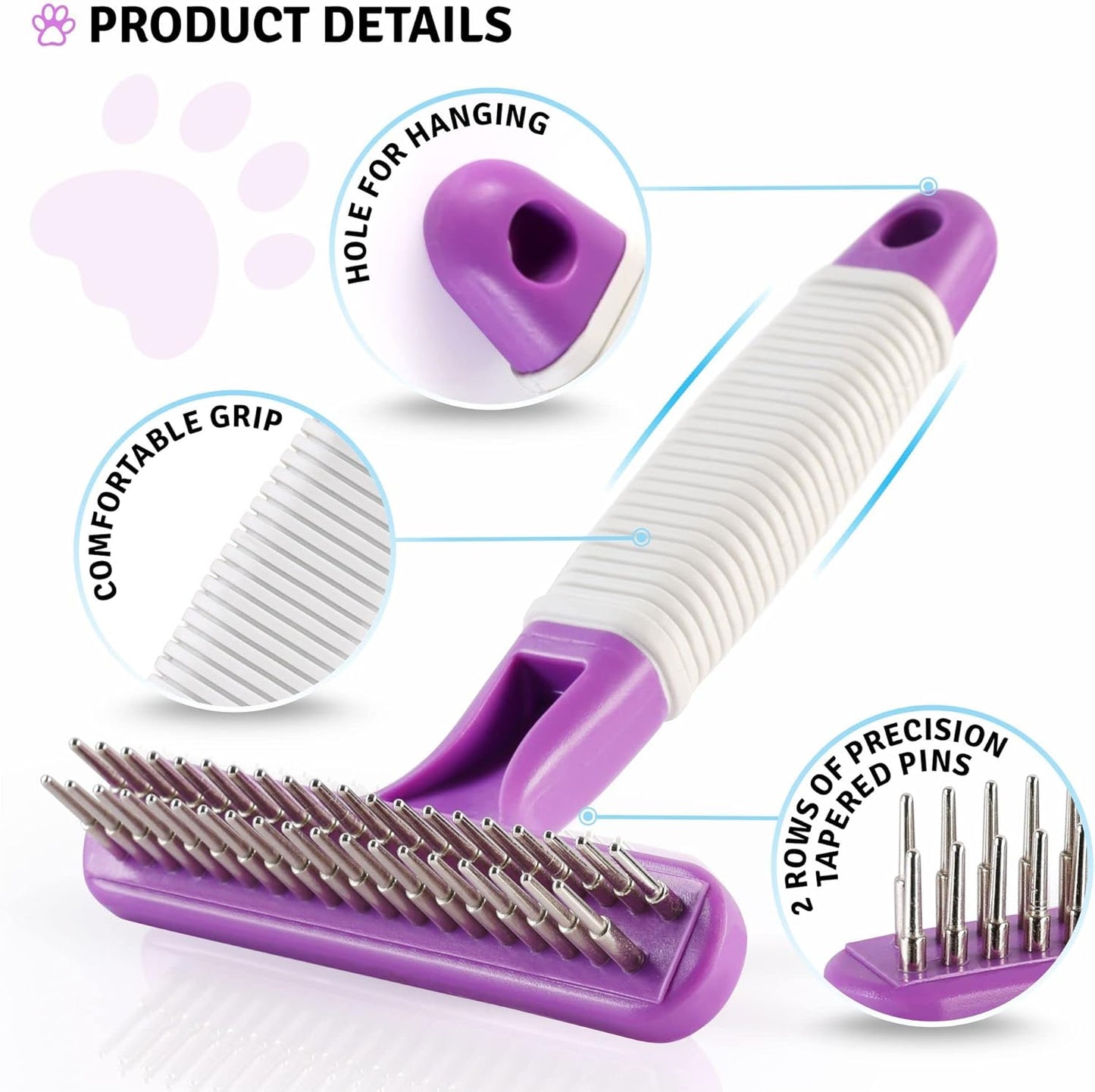 POODLIE Poodle Pet Dog Grooming Rake| Dematting Tool with Stainless Steel Shedding Comb for Pets | 2 Rows of Pins Gently Remove Loose or Tangled Hair from Undercoat | Purple Handle