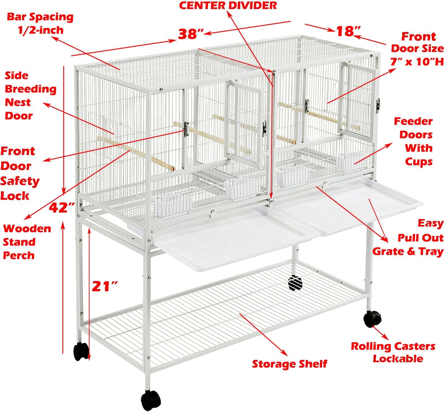Single Stackable Center Divided Breeder Breeding Bird Flight Double Rolling Cage for Aviaries Canaries Cockatiels Lovebirds Finches Budgies Small Parrots (White Vein, Single Story)