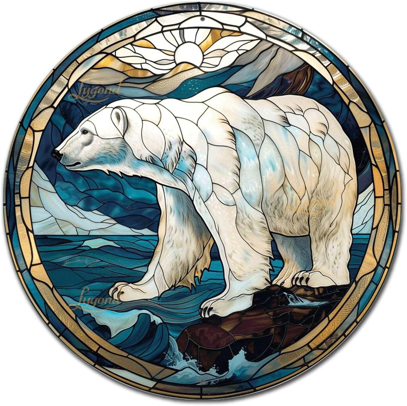 Lygond Metal Sign Tin Sign Circular Stained Glass Polar Bear3 Bar Signs For Home Bar For Yard 12×12 Inches