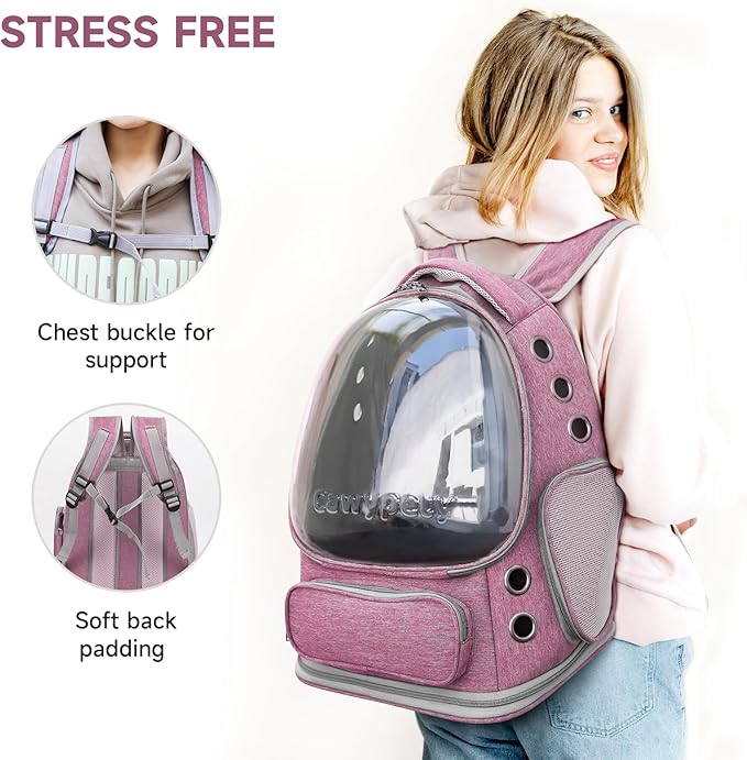 Cat Backpack Carrier, Breathable Cat Carrier Large Space Bubble Pet Backpack for Kitty Small Dog up to 15lbs, Transparent & Foldable Pet Carrier for Travel Hiking（Pink）