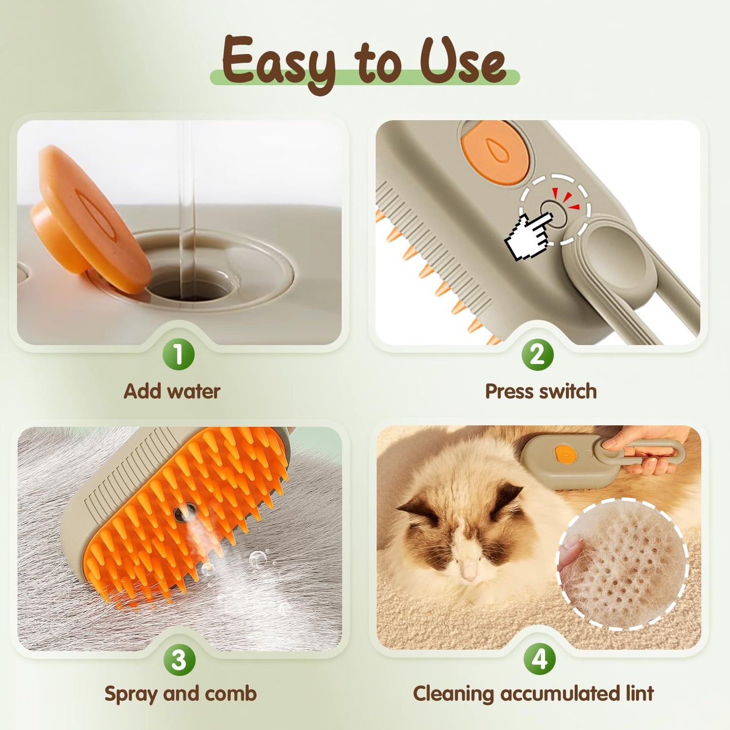 Upgrade Cat Steam Brush, 3 in 1 Pet Steam Groomer Brush, Rechargeable Pet Steam Groomer Comb for Massaging and Cleaning Shedding Pets Hair, Anti-Static Hair Removal Comb for Cats Dogs (Khaki+White)