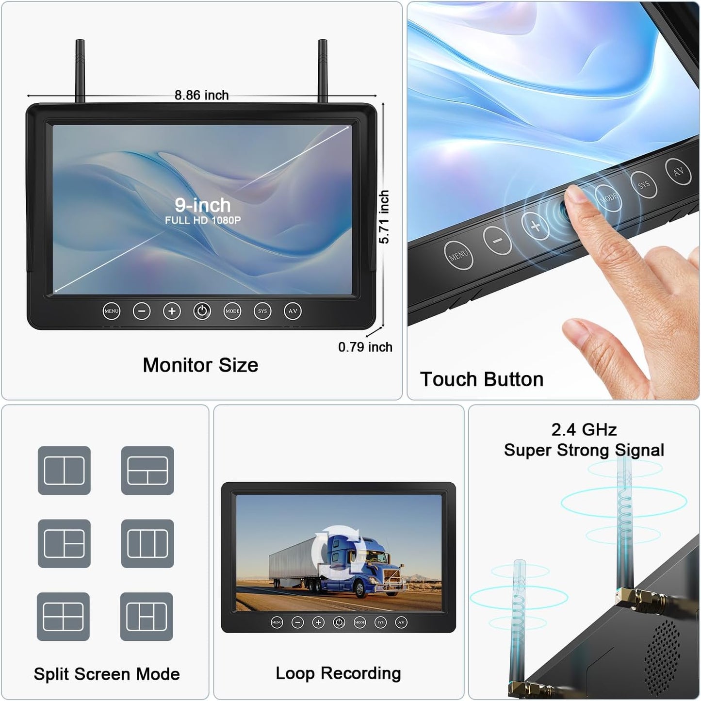 Fookoo HD 1080P 9" Magnetic Wireless Backup Camera,9" IPS Monitor, Rechargeable 2 Side View 2 Rear View Cameras, 1-Min Easy Install, Long Battery Life No Drilling IR Light for RV Truck Trailer DCX904