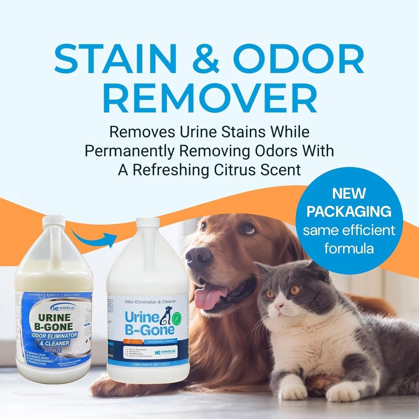 KINZUA ENVIRONMENTAL Urine B-Gone, Professional Enzyme Odor Eliminator & Pet Stain Remover, Human, Cat & Dog Urine Cleaner, Effective on Laundry, Carpets & More, Citrus Scent, 1 Gallon