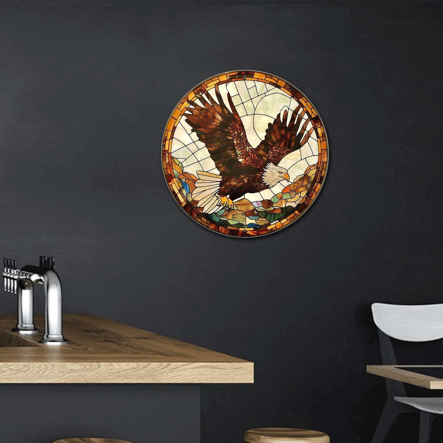 Lygond Metal Sign Tin Sign Circular Stained Glass Eagle Minimalist Wall Art For Gift 12×12 Inches