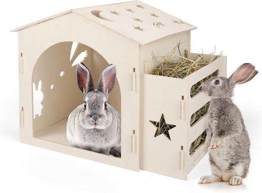 Extra Large Rabbit House & Rabbit Hay Feeder, Indoor Bunny Hideout with Feeder, Small Animal Houses & Habitats and Guinea Pig Hay Feeder