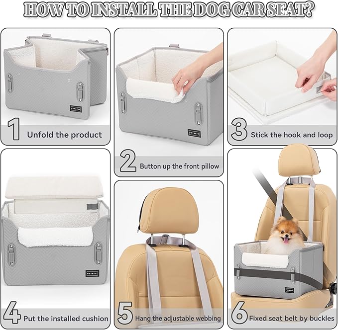 PETSFIT Dog Booster Car Seat, Waterproof PU Leather Dog Car Seats for Small Dogs with Patent Safe Buckles, Clip-On Leash, Pet Car Seat for Small Pets Up to 25lbs (Cool Grey)