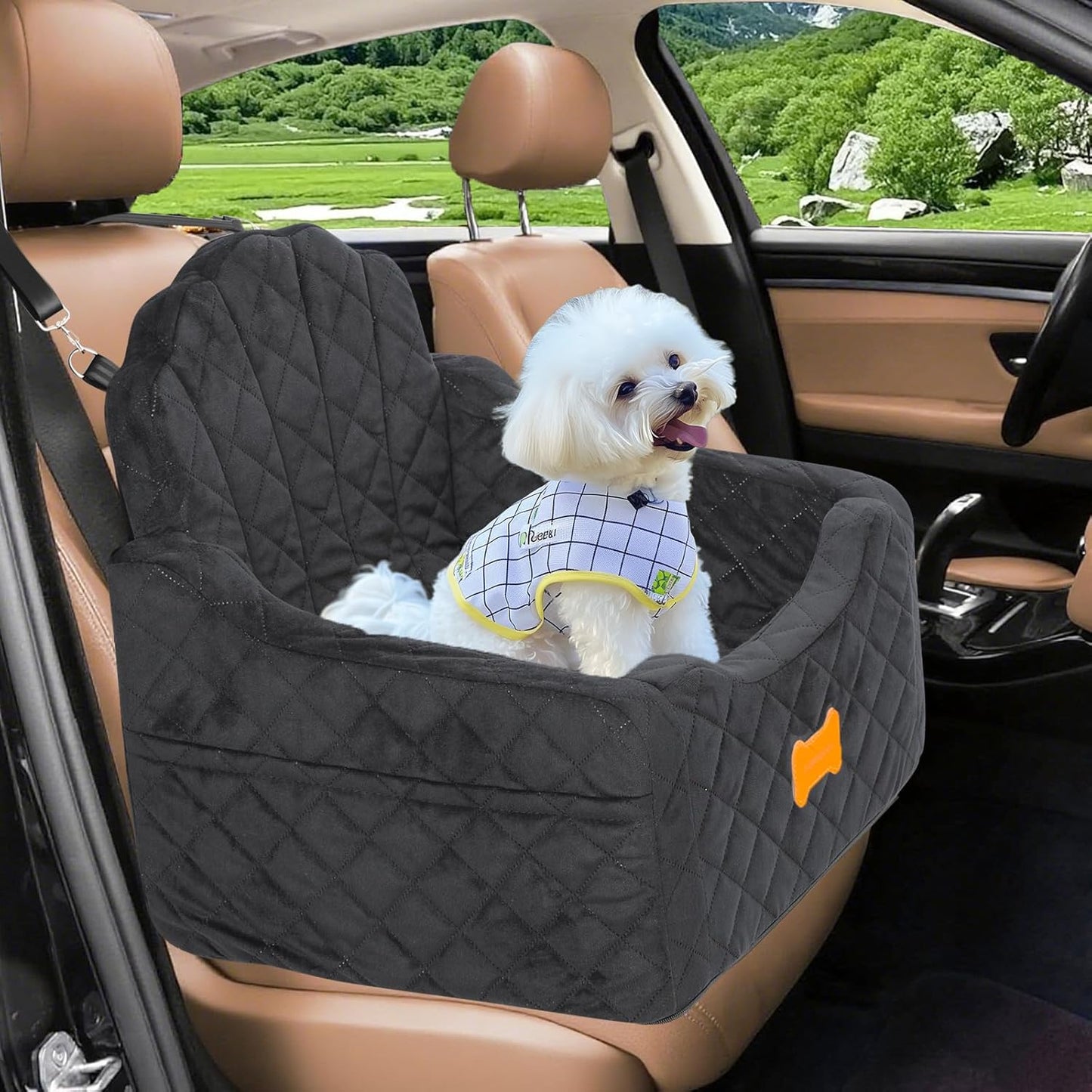 Dog Car Seat for Small Dogs Under 30lbs, Detachable Washable Pet Booster Seat with Safety Belt & Storage Pockets, Travel Car Bed, Black