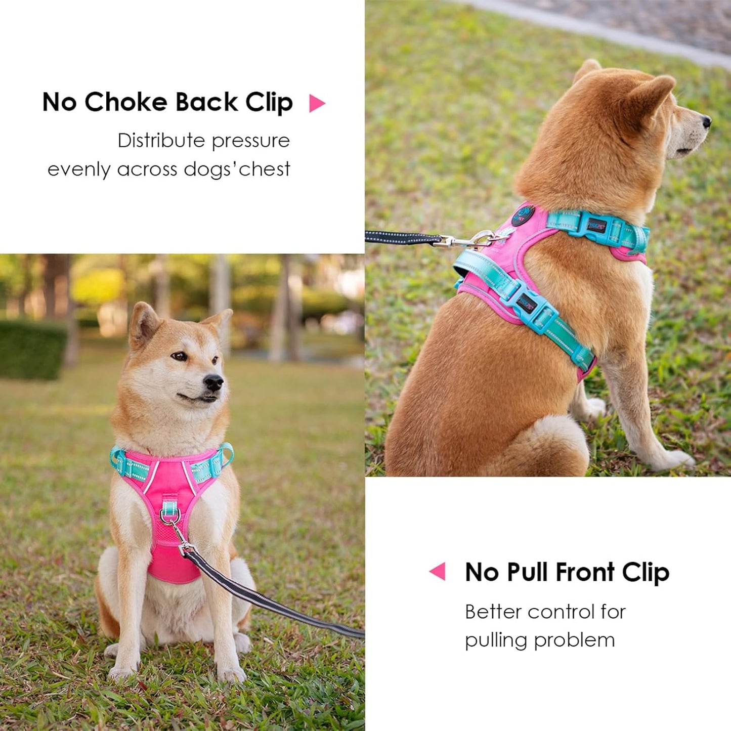 PHOEPET No Pull Dog Harness, Unique Colors Reflective Adjustable Dog Vest, with Soft Training Handle Metal Clips for Small Medium Large Dogs (Pink Base & Green Straps,M)
