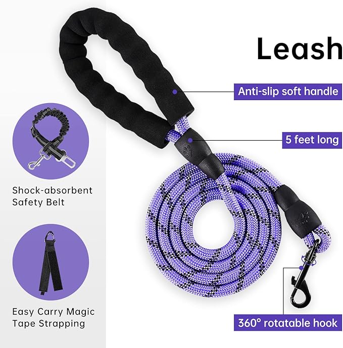 IVY&LANE No Pull Dog Harness for Small Dogs, Dog Vest Harness with Leash, Safety Belt and Storage Strap, Fully Adjustable Harness, 360° Reflective Strip, Soft Handle (Purple, S)
