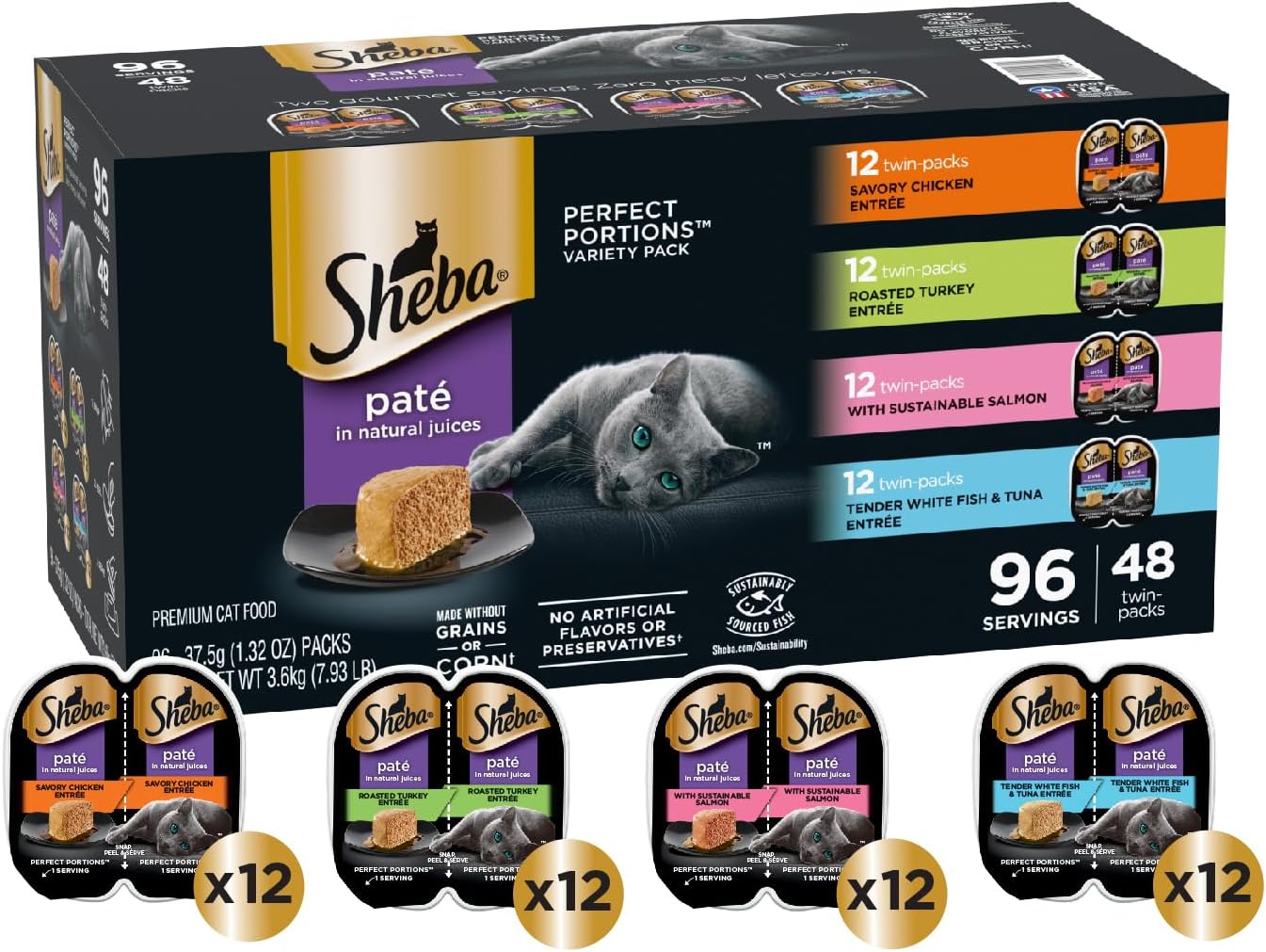Sheba Perfect Portions Wet Cat Food Pate Savory Chicken, Roasted Turkey, with Sustainable Salmon, and Tender Whitefish & Tuna Variety Pack, 2.6 oz. Twin-Pack Trays (48 Count, 96 Servings)