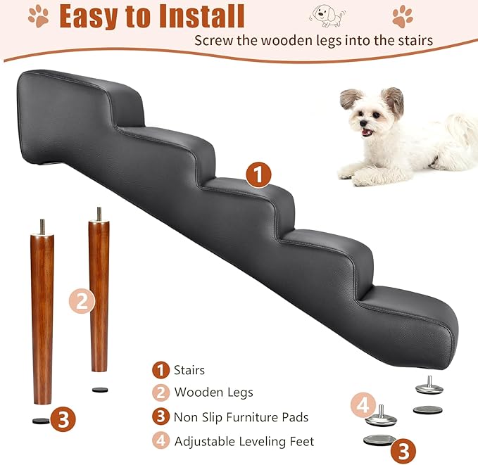 Senneny Black Faux Leather Dog Stairs, for Pets up to 150 lbs, Waterproof, Scratch Resistant Pet Steps/Stairs with High Density Foam and Detachable Wooden Legs, Black, 5 Step