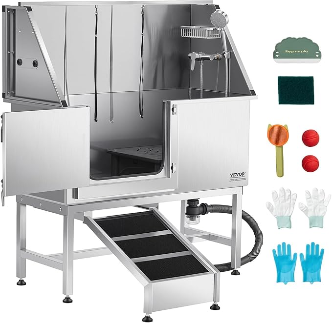 VEVOR Stainless Steel Dog Washing Station, 50 inch Pet Grooming Tub w/Ramp, PE Water Filter Board, Faucet & Showerhead & Soap Holder Dog Bathtub for Large & Medium & Small Pets (Left Door)