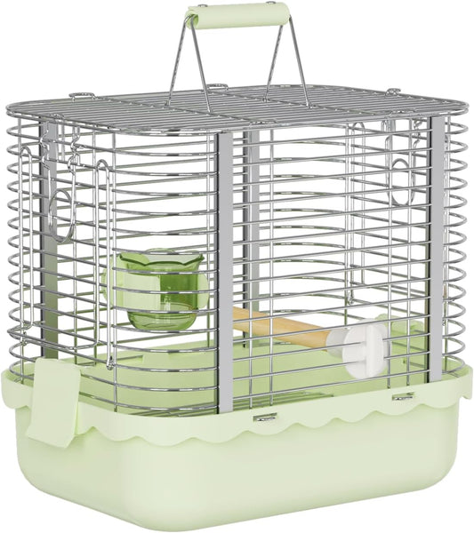 Bird Carrier Travel Cage, Durable Portable Stainless Steel Birdcage with Bird Perch & Feeding Bowl for Parrots Canaries Budgies Lovebirds Conures Cockatiels (Small Light Green)