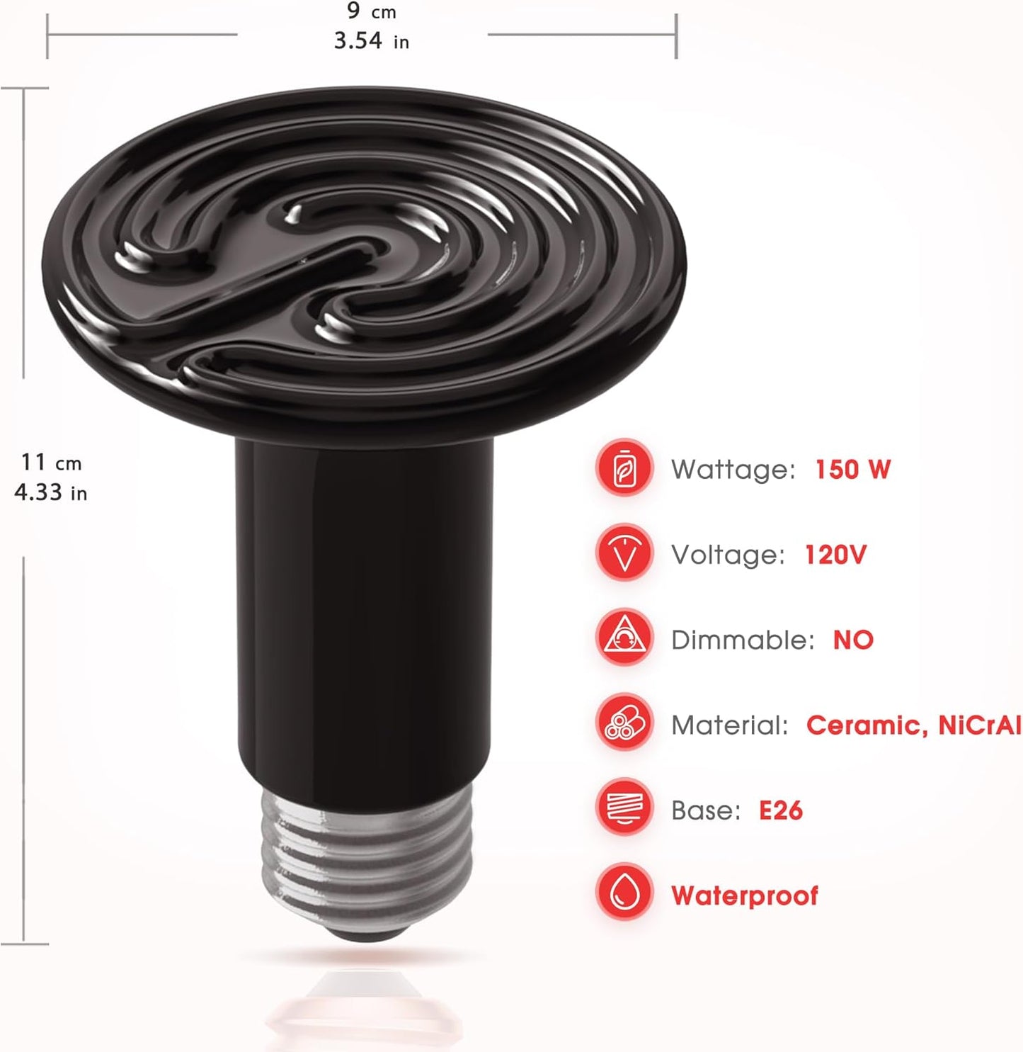 Ceramic Heat Emitter for Reptiles, 150W Heat Lamp Bulb, Ceramic Reptile Heat Bulb Black, No Light Emitting Heat Lamp for Amphibian Pet, Heat Bulb for Bearded Dragon Turtle Snake Lizard, 2 Pack