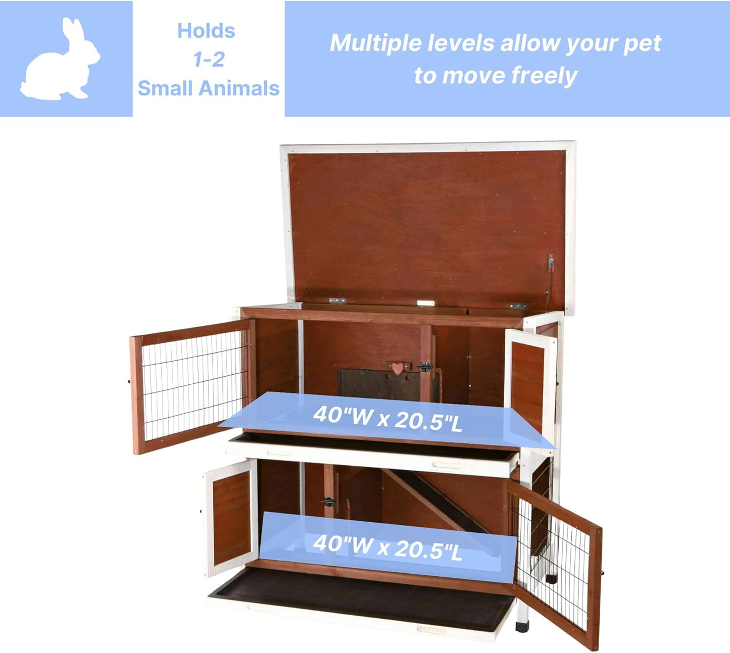 TRIXIE natura Outdoor Double Rabbit Hutch - Indoor Small Animal House, Bunny Cage with Two Sleeping & Play Areas - Includes a Non-Slip Ramp Hinged Roof & Two Pull-Out Trays - in Auburn