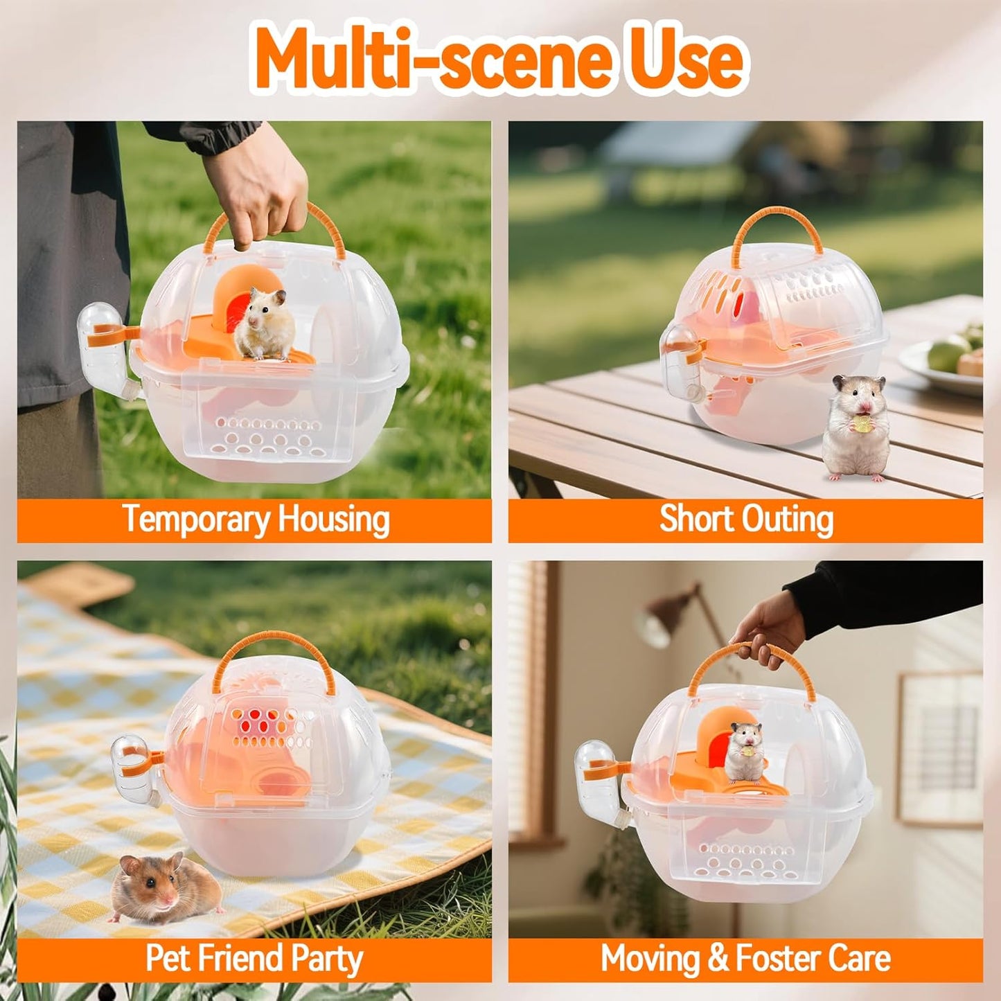 Carrier Cage for Hamster Portable,Lightweight Hamster Travel Carrier with Exercise Wheel Water Bottle,Plastic Small Rat Travel Cage Breathable Orange Outdoor Pet Case for Little Rats Mice