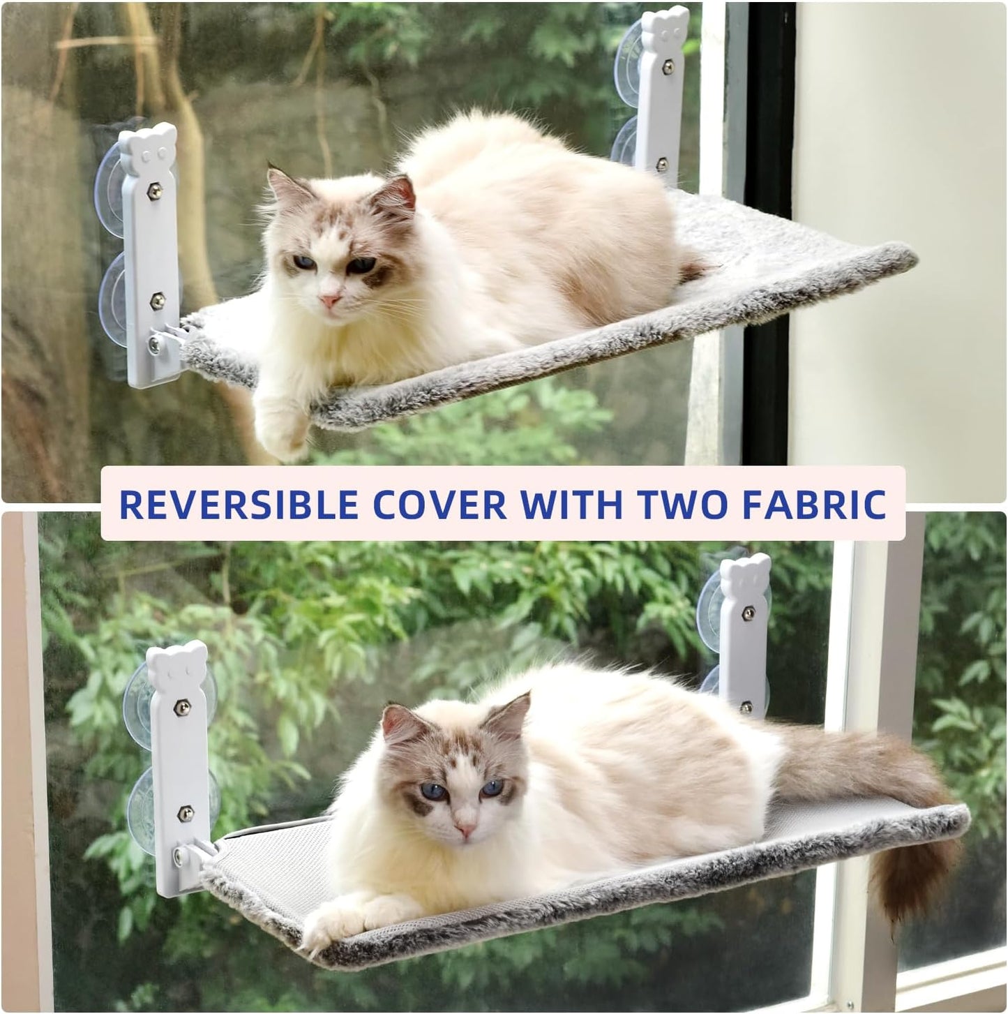 pettycare Cat Window Perch, Cordless Cat Window Hammock Bed with 4 Strong Suction Cups, Foldable Kitten Balcony Seat for Inside Hold Up to 40lbs, Solid Metal Frame and Soft Reversible 2 Fabrics Cover