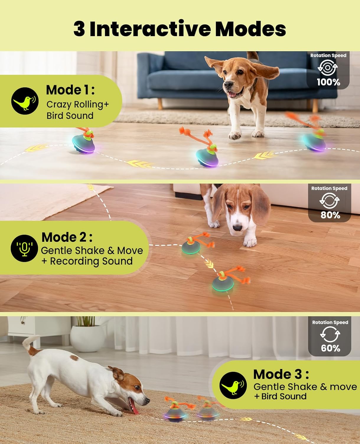 Interactive Dog Toys, Automatic Moving and Rolling LED Light Up Dogs Ball with Rope, Motion-Activated Wicked Ball for Small Medium Pup, Stimulation Toy for Boredom Relief