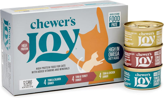 Chewer's Joy Wet Cat Food Variety Pack – 3 Flavors: Tuna & Salmon, Chicken & Turkey – Natural Pâté – High Protein – Grain Free – Complete & Balanced Nutrition – 12 Cans (3 oz)