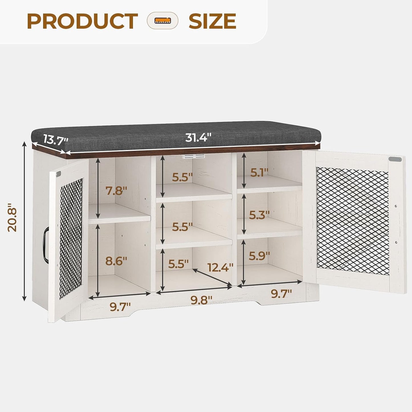 Farmhouse Storage Bench with Cushion, Metal and Wood Shoe Rack Organizer, Adjustable Shelf, Shoe Cabinet with Half Hidden Storage Space, for Entryway, Bedroom, Living Room (Old White, 31.4in)