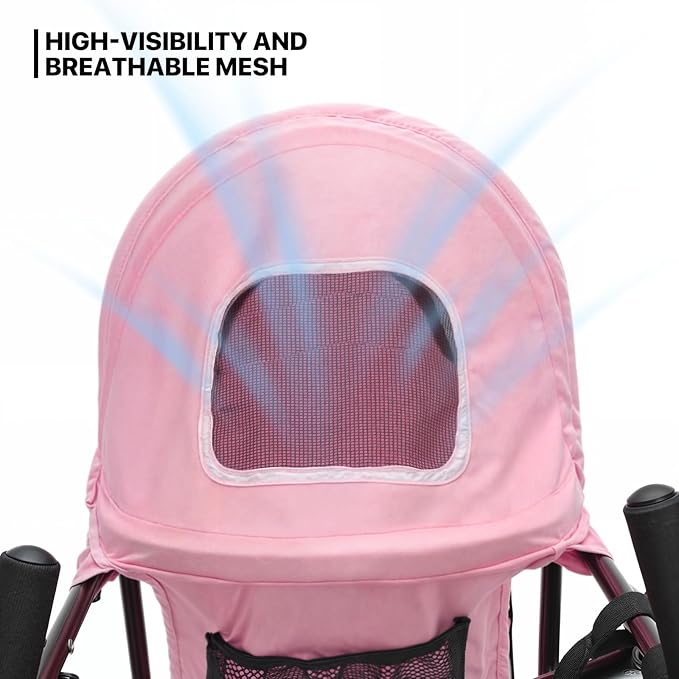 MoNiBloom 4 Wheels Pet Stroller, Easy-Fold Puppy Cage Jogger Stroller with Sun Cover, Pad and Rear Storage Bag, Breathable and Visible Mesh for Small/Medium Pets up to 22 lbs, Pink