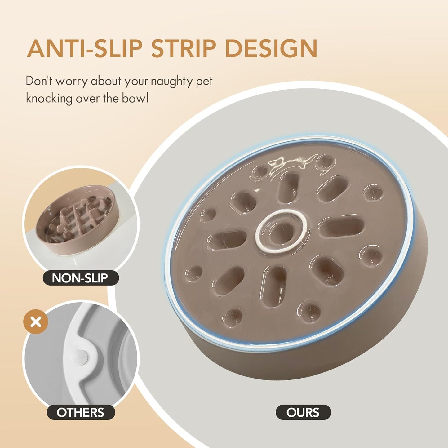 9.5inch Ceramic Dog Raised Slow Feeder Set, Elevated Bowl with Wooden Stand for Large Dog, Slow Feeder Dish for Fast Easters, Anti-Gulping(Brown Coffee, Single Bowl+ Stand)