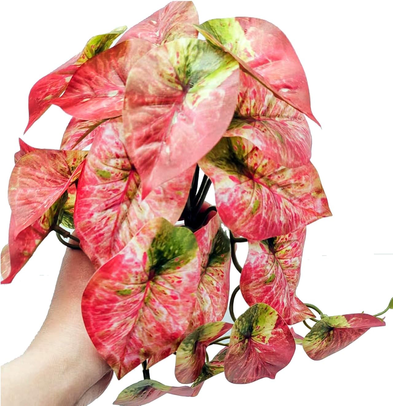 2 Pack Reptile Plants for Terrarium Decor, Amphibian Habitat Decor, Reptile Tank Accessories, Artificial Hanging Plants with Suction Cup (Red Arrowhead)